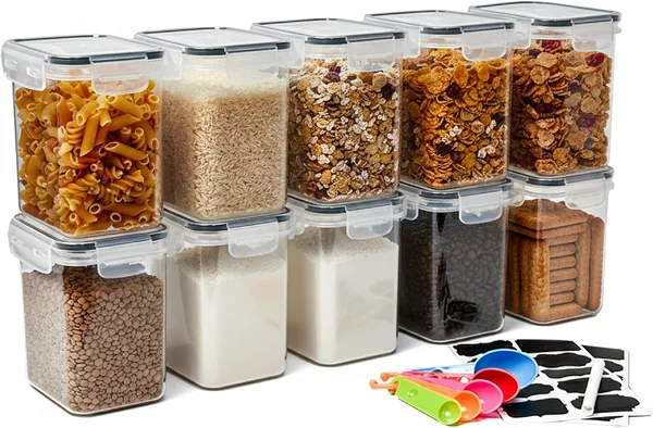 Set 10 contenitori per alimenti Baroni con coperchi ermetici, etichette lavabili a lavastoviglie e misuratori, 1.4L