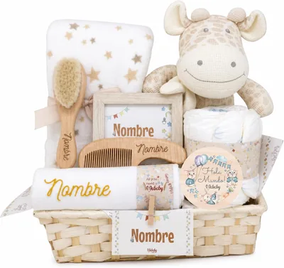 Canasta Personalizada Mababyshop Mi Jirafa para Bebé, Regalo de Nacimiento con Manta Coral, Peluche Jirafa, Cepillo y Peine