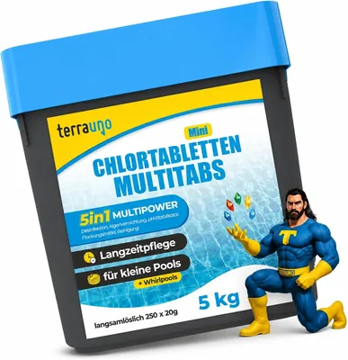 TerraUno Mini Chlorin Tabletten Pool 5 kg, 20g Multitabs 5-in-1 Langsam Löslich, Mehrfunktional für Langfristige Pflege