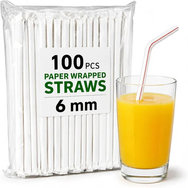 100 Pcs 6 mm White Striped Flexible Plastic Drinking Straws (6 mm 20 cm)