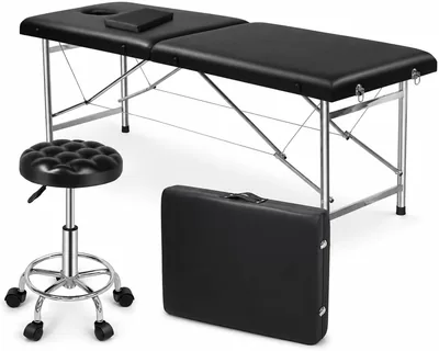 SKY-TOUCH Portable Massage Bed & Swivel Chair Set: Foldable, Height-Adjustable with Pillow (Stainless)