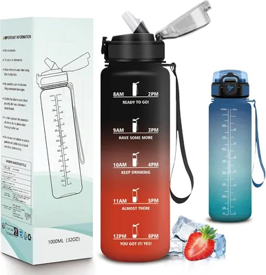 Mujigaga Bottiglia d'Acqua da 1 Litro con Paglietta, Anti-Perdita, per Palestra con Indicatore di Tempo, Facile da Pulire, Bottiglia Motivazionale