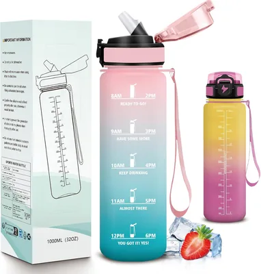 Bouteille d'eau sportive Mujigaga, 1 litre, avec paille, étanche, graduée pour une journée, verrou de sécurité