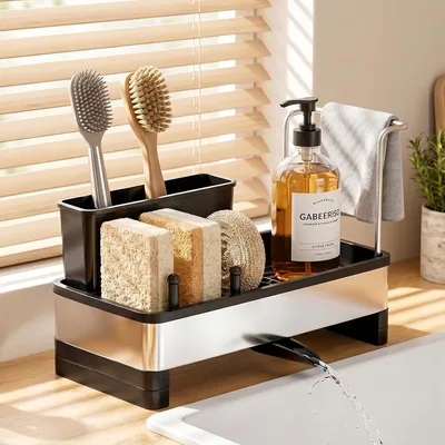 Gabeeriso Kitchen Sink Organiser with Drainage Divider - 24cm Rustproof Stainless Steel Caddy