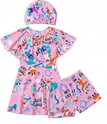 Girls 3-in-1 One Piece Swimsuit Set - Ruffle Bathing Suit for Kids Age 2-10
