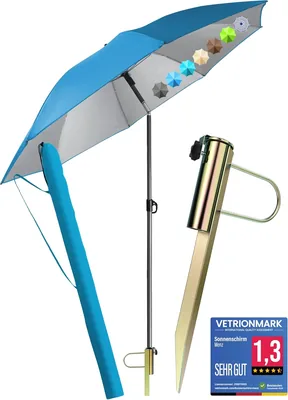 Menz Strandmarke Sonnenschutz Strand 3-in-1 Set - UPF 50+ Strandschirm 180 cm + Stabiler Schirmfußsack + Robustes Pa