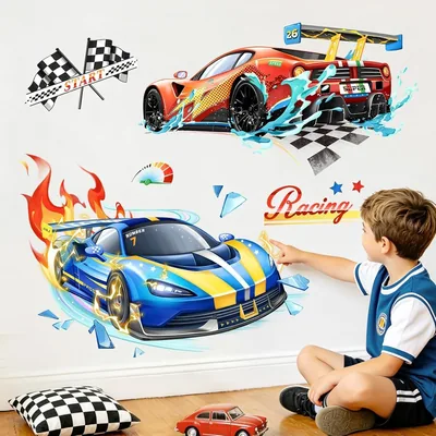 Supzone 3D Racing Car Wall Decals Kids Bedroom Decor