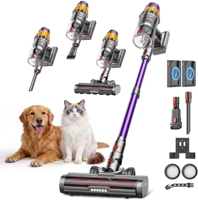 DyMona V17Max Aspiradora Inalámbrica para Pelos de Mascotas, 2 Baterías, Autonomía de 150 Minutos/58 kPa/650 W de Potente Succión, Anti-Deslizamiento