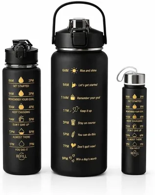 Water Bottle Set with Time Marker, 3 Pack - BPA Free Tritan Leakproof Bottles