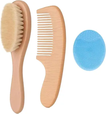 Wooden Hair Brush & Comb Set for Newborns/Toddlers - Goat Hair Bristles, Gentle Scalp Care
