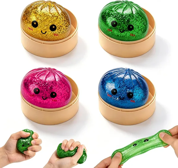 Glitzernde Dumplings Squishy, 4 Stück mit Dampfer - Fidget-Spielzeug gegen Angst und Stress (19% Rabatt)