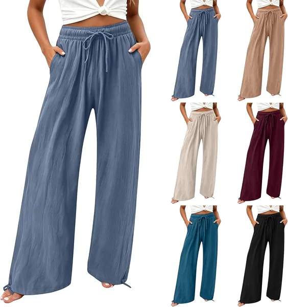 Womens Summer Pants Cotton Linen Wide Leg Pant Fashion Beach Vacation Boho Outfits Flowy High Waist Palazzo Trousers