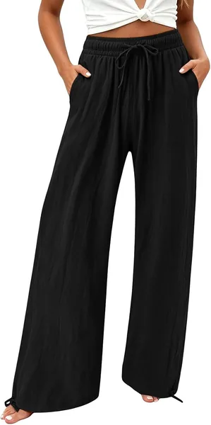 Womens Summer Pants Cotton Linen Wide Leg Pant Fashion Beach Vacation Boho Outfits Flowy High Waist Palazzo Trousers