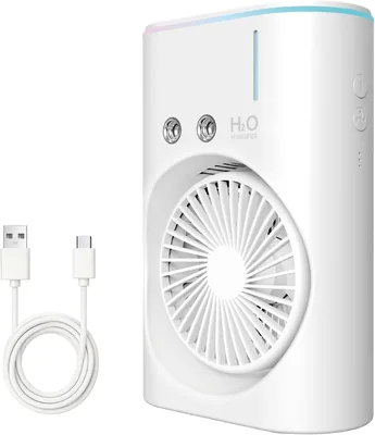 Ventilador portátil con neblina, ventilador USB con agua, batería recargable de 2400 mAh, depósito de 280 ml, luz RGB, motor Turbo potente