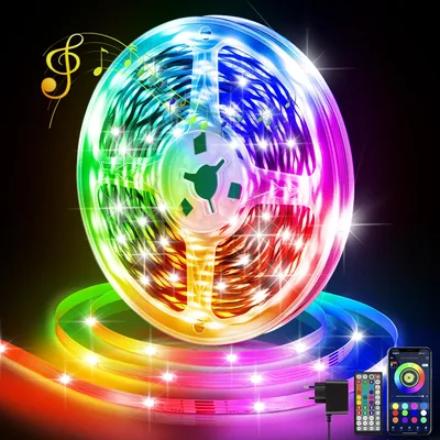 Banda LED RGB de 10 m con control Bluetooth por aplicación y sincronización musical | Colocación adhesiva fácil y rápida, brillo ajustable, adecuada para