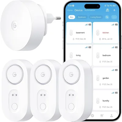 GoveeLife Upgrade Smart Wasserdetektor 1s mit Hochalarm, Packung 3 | 550 m Ultra-Reichweite, WiFi-Wassersensor mit E-Mail/App-Benachrichtigung - 46% Rabatt