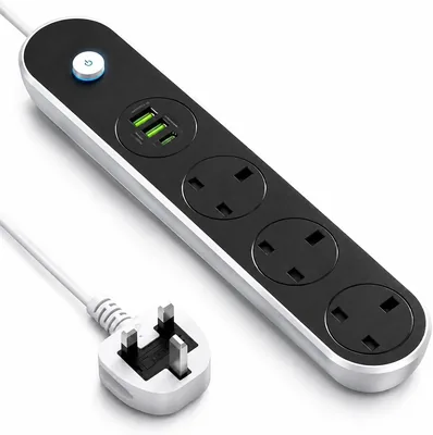 محول طاقة 6 في 1 بستة منافذ - 3 منافذ UK و 2 منافذ USB ومنفذ Type-C PD - كابل 3 متر