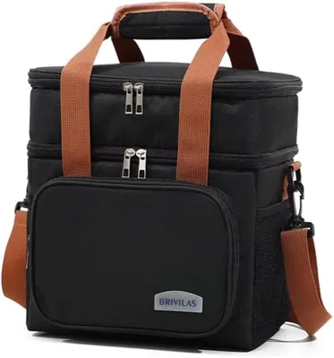 Insulated Lunch Bag, Double Deck Cooler, Black & Brown
