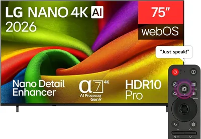 شاشة إل جي 75 بوصة نانو 4K UHD AI NU84 TV ذكية مع جهاز تحكم سحري نظام ويب أو إس 26 لعام 2026 - أفضل سعر