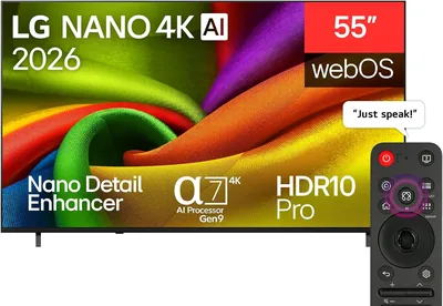 شاشة إل جي 55 بوصة نانو 4K UHD AI NU84 ذكية بتقنية الذكاء الاصطناعي عن بعد سحرية نظام الويب أو إس 26 لعام 2026