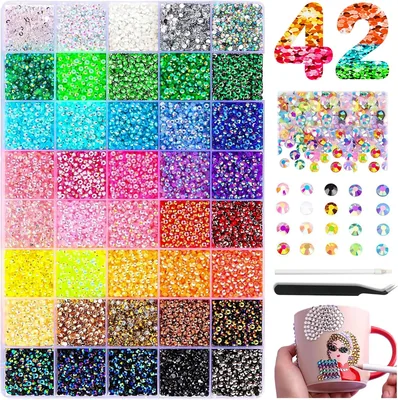 Kit de paillettes Bedazzling 42 couleurs, 42000 x 3 mm Paillettes à coller avec clip et stylo, Kit de rhinestones pour Nail Art