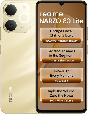 रियलमी नार्जो 80 लाइट 4G (बीच गोल्ड, 4GB+64GB) | 6300mAh सेगमेंट का सबसे बड़ा बैटरी | 7.94mm स्लिम डिज़ाइन | 300% अल्ट्रा वोल्ट, 32% ऑफ