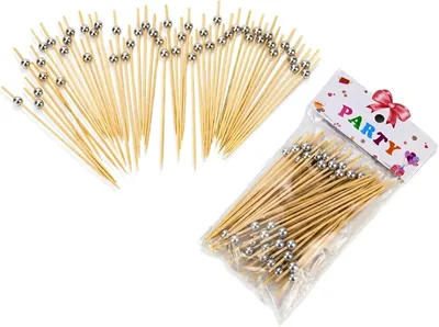 Cuisine Art Premium Silver Bead Bamboo Cocktail Picks - 50-Piece Elegant Party Food Skewers - 12cm