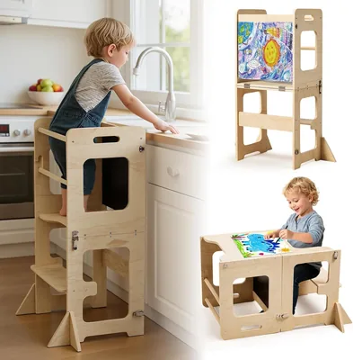 Tour d'apprentissage Montessori Labebe pour enfants avec tableau noir, tour multifonctionnelle 4 en 1 pliable en bois