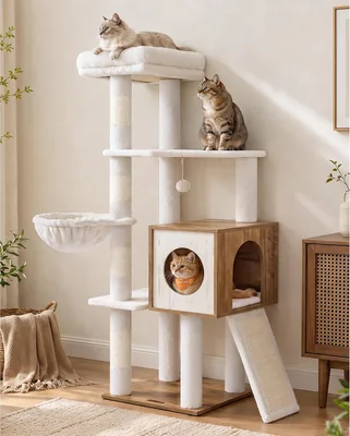 Torre para Gato Feandrea, 5 Niveles, Casa de Madera con Rascador, 40 x 50 x 130 cm