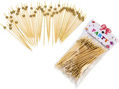Cuisine Art Premium Gold Bead Bamboo Cocktail Picks - 50-Piece Elegant Party Food Skewers