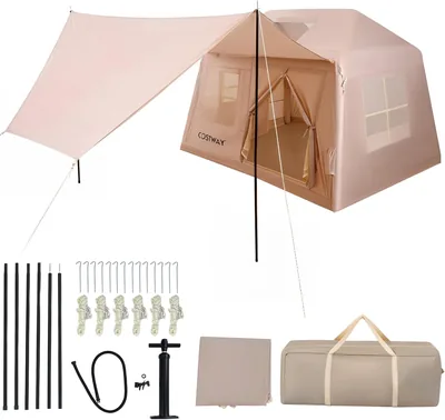 COSTWAY Infladbar tent 4-6 personer, luftig tent med tak, dörrar och moskittnät, kampingtent med grundpeg och spänning