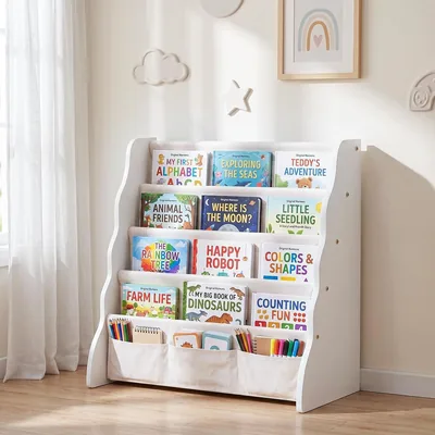 COSYLAND Kids Bookshelf - 4 Tier Wooden Sling Book Rack Best Deal