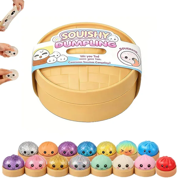 Dumpling Squishy, Glitter Squishy Dumpling con Steamer Box, Apretar Divertidas Bolas Antiestr s con Forma de Masa, Color al Azar (1PC)