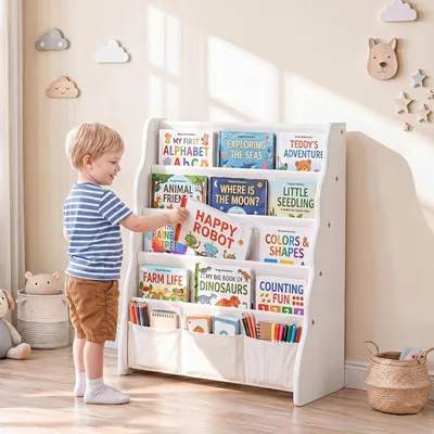 COSYLAND Kids Bookshelf - 4 Tier Wooden Sling Book Rack