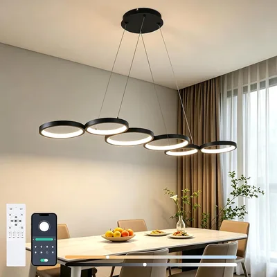 113cm LED Pendelleuchte Esstisch Dimmbar, 69W Moderne Hängelampe Schwarz mit 6-Rund Ring Design - Jetzt bester Preis auf Amazon!