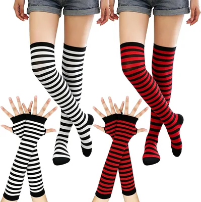 Medias de Halloween Hasta el Muslo para Mujer, Guantes sin Dedos | ZEEZIIK Calcetines Largos con Rayas