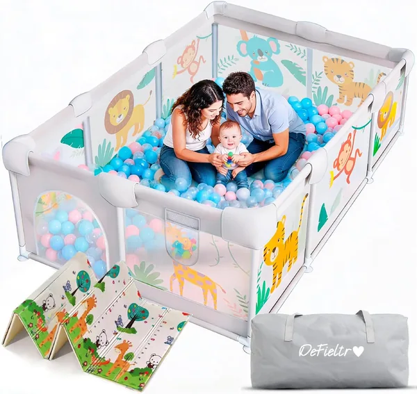 DeFieltro Jungle Baby Playpen 150 x 180 cm - Playpen de Bebé con Red de Malla Transpirable - Playpen Doblable con Base Antideslizante y Forrado