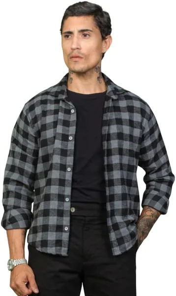 Camisa Masculina Xadrez Manga Longa Gola Italiana Ajuste Regular Confortável Elegante - Melhor Preço