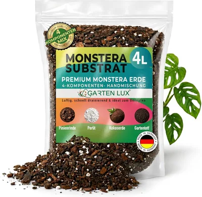 Garten Lux Monstera Erde 4L - Premium 4-Komponenten Aroid-Substrat mit Pearlit, Kokosnussboden & Fichtenrinde - Luftdurchlässiges Substrat