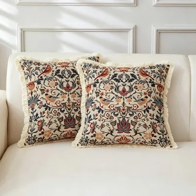 Boho Floral Fringe Cushion Covers 45×45cm, Set of 2, Cotton Linen