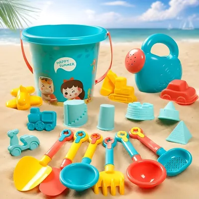 Kids Beach Toys Set - Collapsible Bucket & Shovels with Can, Bag & Molds