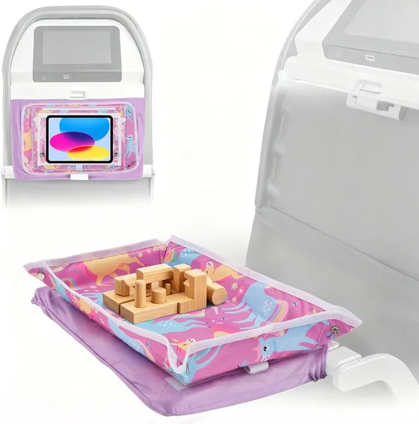 Bpyhebe Airplane Tray Cover Kids, Car Seat Tray with Transparent Tablet Pocket for Kids Travel, Toddler Airplane Travel Essentials(Unicorns) - 12x10in Pink