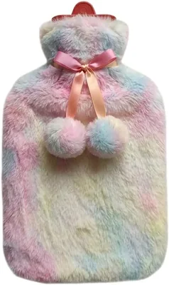Hot Water Bottle 2L Plush Cover, Tie-Dye Design, Pom-Pom & Ribbon Bow (Rainbow)