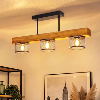 ZMH Deckenleuchte Vintage Holz E14 Deckenlampe: Wohnzimmerlampe 3 Glühbirnen Metallgitterabdeckung im Industrie-Design Küchenlampe - 32% Rabatt
