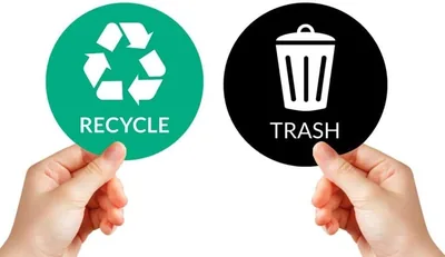 Recycle Trash Bin Stickers - 6 Pack Waste Labels, 5 Inch Round Decal for Indoor/Outdoor Cans