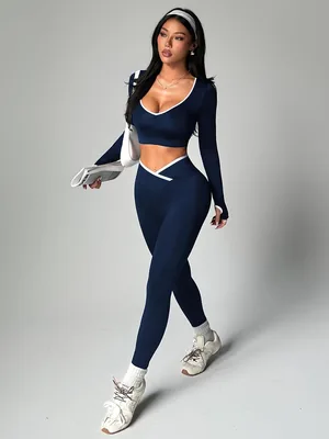 Traje de yoga para mujer, 2 piezas: playera corta de manga larga y leggings de cintura alta, conjunto de entrenamiento para gimnasio