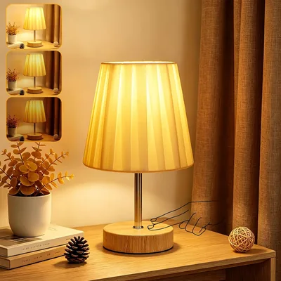 Suright Bettseite Lampe Berührungs-Dimmbar, Tischlampe mit Kabel, Gefaltetes Stofflampenmaß, Holzbasis, Kleine Lampe für Nachtisch