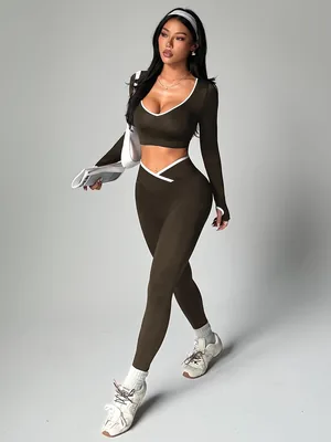 Traje de yoga para mujer, conjunto deportivo 2 piezas: playera corta manga larga y leggings alta cintura, mejor oferta