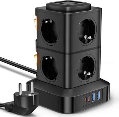 Socket Tower 8-Wege mit 2 USB-C & 2 USB, Mehrfachsteckdose mit Überstromschutz, 3 Meter Verlängerungskabel, 2 Schalter, Strom