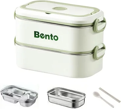 Bento Box Adult Lunch Box 1600ml Stackable 2 Layer Stainless Steel with Utensils